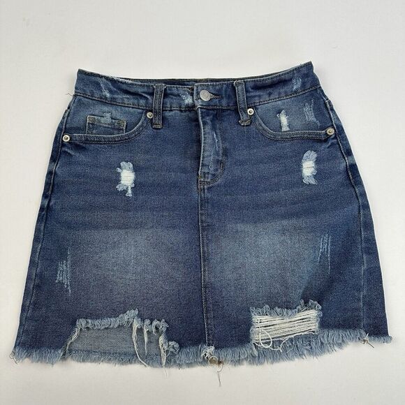 Wild Fable Denim Blue Jean Mini Skirt Distressed Size 00 Medium Wash Pockets - Picture 3 of 6